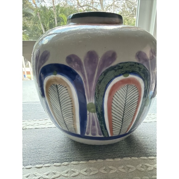 Erandi Tonala Other - Erandi Tonala Mexico Vintage Vase Ginger Jar Feather Floral Pottery 9 1/2"